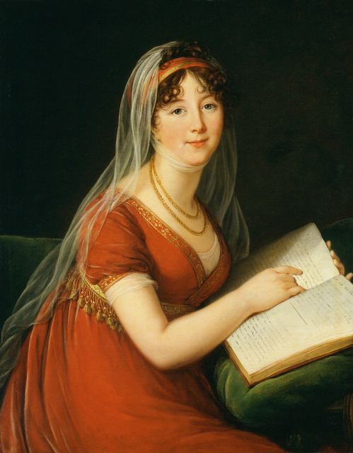 A portrait of a seated woman in a red dress.  She holds a book and looks over her right shoulder, toward the viewer.